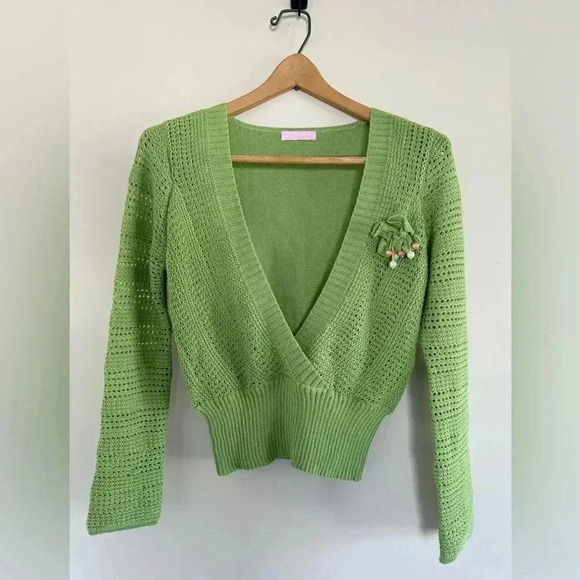 Women’s Retro Vintage Green Knit Crochet Cropped Sweater Deep V-neck - Picture 1 of 10